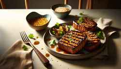 Refined vegan dining scene featuring golden brown Whipped Maple-Miso Tempeh Steaks with glossy marinade, sesame seeds, cilantro, and a side bowl of marinade on a minimalist table.