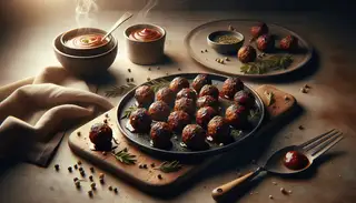 Realistic image of smoky BBQ vegan meatballs on a minimalist table setting, with a dipping bowl of BBQ sauce, under soft, natural lighting.
