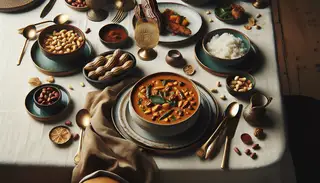 Sumptuous vegan African peanut stew elegantly displayed on a tastefully set table, exuding cultural richness and indulgence.