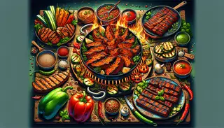 Create an image of a vibrant BBQ table scene featuring a variety of plant-based dishes. At the center, visualize a dish of marinated jackfruit, glowing with a fiery marinade and each fiber coated in spice, ready to be eaten. Surrounding that, depict slices of grilled seitan with a charred, rich, smoky taste. Also, illustrate an assortment of colorful marinated vegetables like bell peppers, zucchini, and mushrooms, all beautifully grilled and bursting with bold flavors. Adorn the table with fresh herbs and sprinkle the image with sesame seeds for a crunchy, nutty touch. Let it evoke the enticing smoky, spicy elements of the marinade promising a truly memorable vegan BBQ experience.