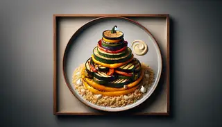Image of a minimalist dinner setting with a plate of Spiced Quinoa and Roasted Vegetable Tower, elegantly layered and drizzled with tahini.