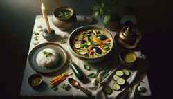 Image of a minimalist vegan Thai green curry dinner scene. The curry is served in a sophisticated ceramic bowl with bell peppers, zucchini, eggplant, and carrots, beside steamy jasmine rice. A tiny Thai basil pot decorates the naturally lit table, evoking tranquility.
