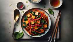 Image of a vegan Asian-inspired dinner featuring golden brown cubed tofu, julienned carrots, and red bell peppers in a glossy sauce, with wilted spinach and chopsticks.