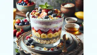 Show a tantalizing vegan cold breakfast laid out on a beautifully set table. The centerpiece is a glass filled with layers of different ingredients. At the bottom, we see mashed bananas and crunchy rolled oats. Followed by a layer of colorful mixed berries - strawberries, blueberries, and raspberries - peeking out. Next, the thick creaminess of plant-based yogurt is seen, its pure white color contrasting with the bright berries. A sprinkle of nutritious chia seeds is right on top. Covering all, there's a golden drizzle of maple syrup and a scattering of crushed nuts for a crunchy surprise. A few fresh mint leaves garnish this dish, adding a burst of green to the vibrant colors. This serves as a depiction of a healthful, energy-boosting breakfast, offering the perfect balance of nutrients and natural flavors.