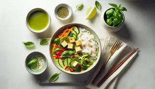 Vegan Thai Green Curry Noodle Bowl with tofu, vegetables, and fresh herbs on a clean, minimalistic table setting, emphasizing its nutritious appeal.