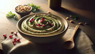 High-resolution image of a vegan meze in a neutral bowl, garnished with parsley, pomegranate, and pine nuts, on a wooden table with soft lighting.