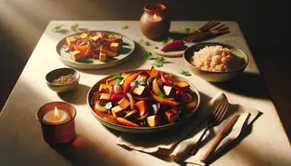 Vegan dinner with caramelized onions, tofu, sweet potato, red bell pepper, brown rice, and cilantro in warm lighting.