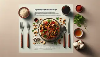 A minimalist table setting highlighting a vibrant Vegan Sticky Buffet-Inspired Delight, featuring jasmine rice with colorful vegetables and a soy-maple sauce, garnished with cashews and cilantro.