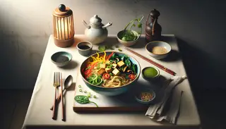 Minimalist restaurant table with an Asian-inspired vegan noodle bowl, featuring golden-brown tofu, spinach, red bell pepper, shiitake mushrooms, garnished with green onions, cilantro, and sesame seeds.