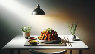 Minimalist dining table setup with a white plate of crispy, golden tempeh, garnished with coriander and green onions, chopsticks, and a small bowl of marinade.