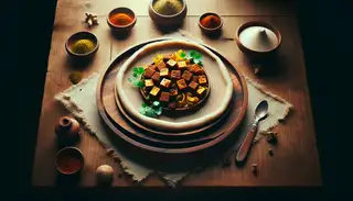 Minimalist presentation of Berbere Spiced Tofu on Teff Injera, garnished with fresh cilantro on a wooden table, highlighting elegant vegan dining.