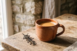 A creamy caramel-colored tea in a rustic terracotta mug on a wooden table with a sprig of rosemary.