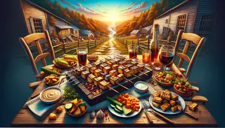 Visualize a picturesque, country-style table embellished with an alluring assortment of smoky, vegan bite-sized foods. The main attraction is a dish of flawlessly barbecued tofu skewers, steeped in an aromatic, smoky concoction that stirs your senses. The tofu emanates an inviting charred aroma that infuses the air around. Observing the table, one can practically savor the rich, complex tastes and sense the comfort of the glowing grill. The energetic hues of the meal stand out against the relaxed backdrop, assembling an aesthetic banquet for observers. It's a perfectly depicted scene that envelops the spirit of this appetizing vegan finger food recipe, making it a culinary adventure to savor.