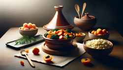 A vegan Moroccan tagine in a traditional pot, served with fluffy couscous on a clean table, warmly lit to enhance the vibrant colors.