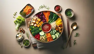 Vibrant vegan Korean Bibimbap with colorful veggies, tofu cubes, and gochujang on a clean table