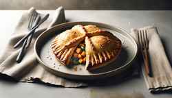A golden, flaky vegan pastry filled with aromatic vegetables, garnished with sesame seeds on a sleek dish, set on an elegant, minimalist table in a cozy gastro pub setting. No text or humans visible.