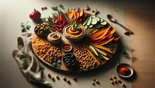 Image of a minimalist charcuterie board with fluffy millet, roasted chickpeas, sweet potato slices, hummus with harissa, artichokes, cucumbers, bell peppers, olives, herbs, apricots, and almonds.