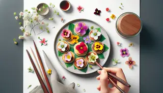 A plate of vegan Asian pancakes adorned with edible flowers, showcasing the delicate beauty of the dish and the harmonious fusion of vegan culinary art and Asian gastronomy.