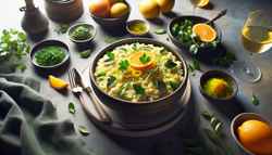 Image of a minimalist buffet table featuring a creamy, citrus-infused vegan risotto in an elegant bowl, garnished with fresh herbs and citrus zest, surrounded by bowls of herbs and citrus fruits.