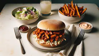 Minimalist lunch table setting with a Vegan BBQ Jackfruit Sandwich, sweet potato fries, and green salad in natural light.