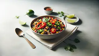 A vibrant, spicy fusion lunch: quinoa, black beans, bell peppers, jalapeños, corn, cilantro, and lime on a clean table setting.
