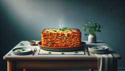 Spicy Szechuan Vegan Lasagna on a ceramic dish, golden brown and bubbling, garnished with fresh cilantro, on a minimalist dining table.
