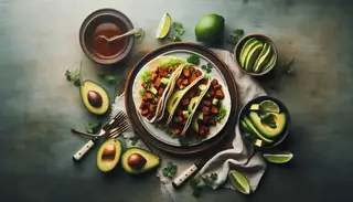 Vibrant Vegan BBQ Jackfruit Tacos with avocado, cilantro, and lime on a minimalistic table setting