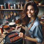 Emily in a modern kitchen with rustic elements, grilling smoky BBQ tempeh ribs.