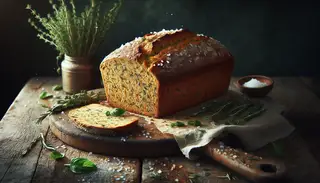 Fresh vegan herbal bread with a golden crust and sea salt, surrounded by rosemary, thyme, and basil on a rustic table, in soft natural light.