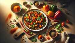 A vibrant, African-inspired lunch spread featuring richly colored sweet potatoes, bell peppers, lentils, and chickpeas, garnished with fresh cilantro. Nearby, a bowl of cumin and paprika, along with fresh vegetables like cherry tomatoes and bell peppers, add extra flavor and freshness. Natural lighting highlights the textures and colors, creating inviting shadows and highlights. The minimalist table setting keeps the focus on the mouth-watering dish.