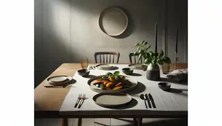 Elegant dining setup featuring Miso Fermented Ratatouille on a contemporary plate, with minimalist utensils and a simple napkin, in a softly lit room.