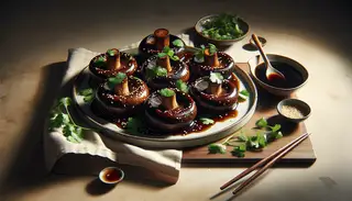 Elegant vegan dish of glazed portobello mushrooms topped with cilantro and sesame seeds on a rustic plate, with extra glaze in a bowl, bamboo mat, and chopsticks.