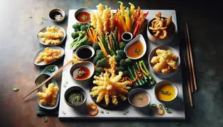 A lavish vegan tempura platter with golden vegetables and petite bowls of Asian-inspired sauces on a minimalist table, perfect for a festival.
