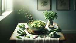 Elegant vegan zucchini noodle Pho in a clear broth with fresh herbs and side of spring rolls, in a serene, well-lit setting.