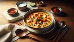 Vibrant Vegan Thai Coconut Curry Soup in a chic bowl, with tofu and vegetables, on a wooden table, garnished with coriander and lime.