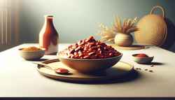 A vibrant and flavorful African vegan sauce sits at the center of a clean, minimalist dining table, inviting viewers to indulge in its plant-based goodness.