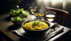 Creamy Vegan Risotto alla Milanese in a shallow bowl, garnished with parsley on a dark wooden table, with a salad and white wine, under soft lighting.