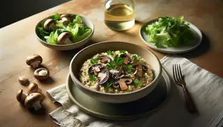 Image of a creamy vegan wild mushroom and truffle risotto in an elegant bowl, with a side salad in a glass bowl, on a wooden table under natural light.