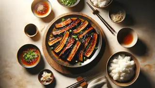 Image of a cozy dinner setting with caramelized sticky miso eggplant strips garnished with sesame seeds and spring onions, alongside a bowl of steamed rice, on a clean, minimalist table.