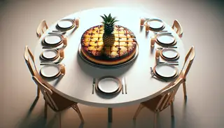Hyperrealistic image of a minimalist dinner table featuring a tempting Vegan BBQ Pineapple Upside-Down Cake as the centerpiece