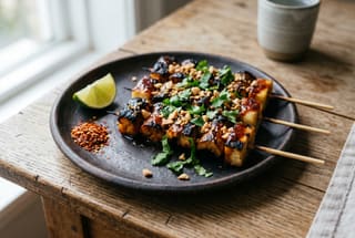 Charred vegan skewers of cassava and mushrooms with a dark glaze and crushed peanuts on a clay plate.