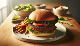 Gourmet vegan burger with a charred vegetable protein patty, fresh veggies, and vegan mayo on a light plate, accompanied by sweet potato fries and a salad.