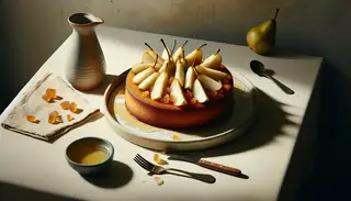 Hyperrealistic vegan pear and ginger syrup cake on a stylish plate, moist with syrup glaze, under natural light, minimalistic setting.