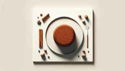 Vegan African spice cake on a white plate, surrounded by cinnamon sticks and nutmegs, on a minimalist table.