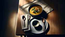 A serene table setting featuring a bowl of Umami Vegan Soup, complemented by a stylish spoon, on a rustic wooden table, exuding warmth and comfort.