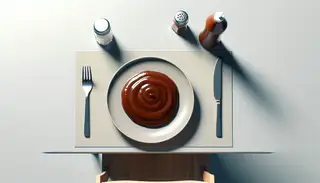 A rich, smoky vegan BBQ sauce in a sleek container on a minimalist table, embodying tangy, sweet, and smoky flavors.