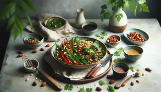Vibrant vegan quinoa lunch spread with nuts, bell pepper, snow peas in soy-ginger sauce, adorned with fresh cilantro on minimal table setting