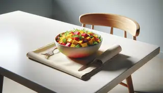 Vibrant Vegan African Mango Salad on minimalistic table setting, inviting and fresh.