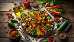 Colorful array of blanched vegetables including carrots, green beans, and bell peppers, seasoned with African spices and herbs, on a simple table.