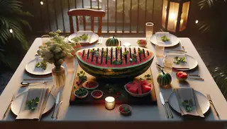 Image of a vegan BBQ watermelon steak on a minimalist table, outdoors with a garden backdrop, during a summer evening.